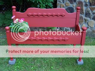 repurposed, painted furniture, garden art, garden decor, outdoor decor, flowers, red bench, potting bench, farmhouse