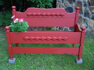 repurposed, painted furniture, garden art, garden decor, outdoor decor, flowers, red bench, potting bench, farmhouse