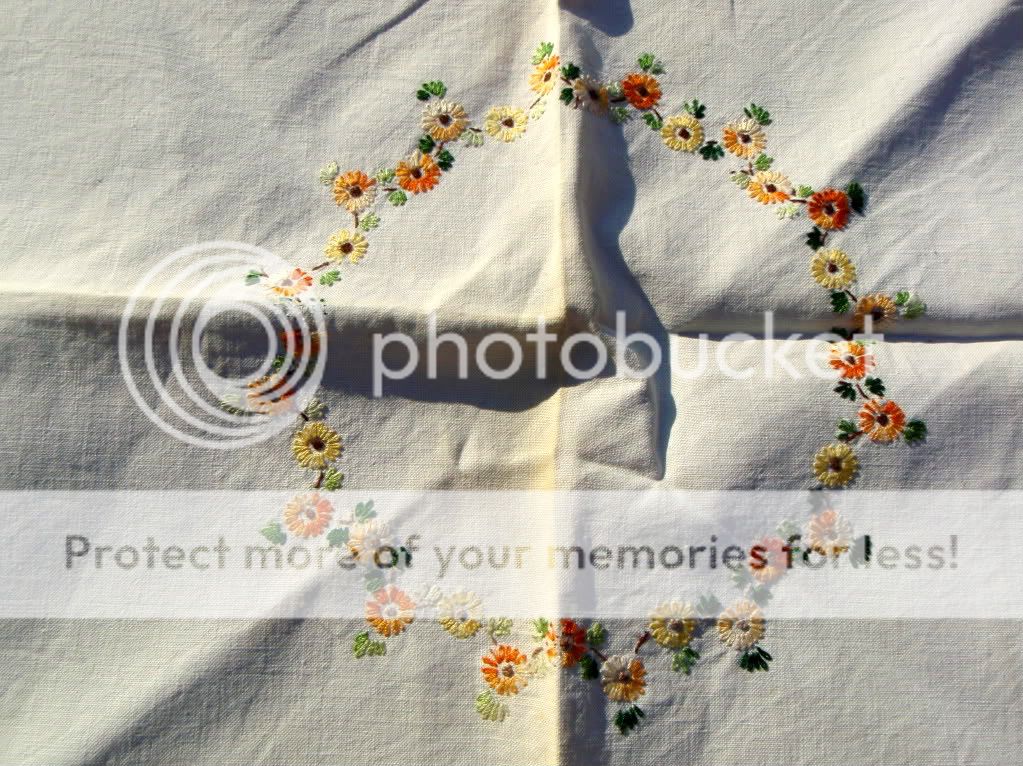 Handmade Vintage Linen Embroidered Floral Tablecloth